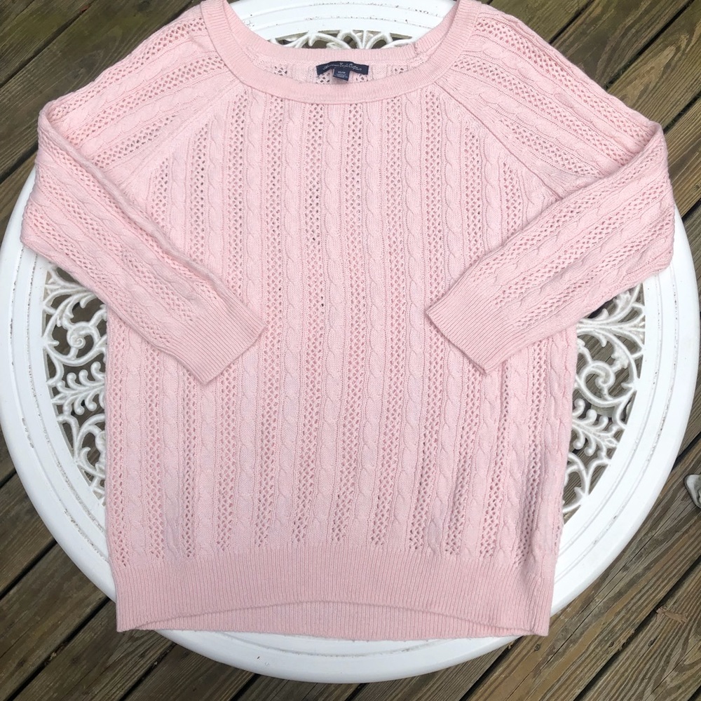 AE Baby Pink 3/4 Sleeve Cable Knit Sweater
